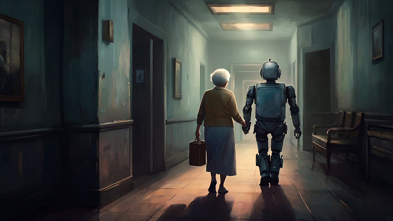 Ein Roboter und eine ältere Frau gehen Hand in Hand über den Gang eines Altenheimes
