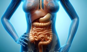Vor einem blauen Hintergrund ist ein mit künstlicher Intelligenz nachgestellter Darm einer Frau zu sehen